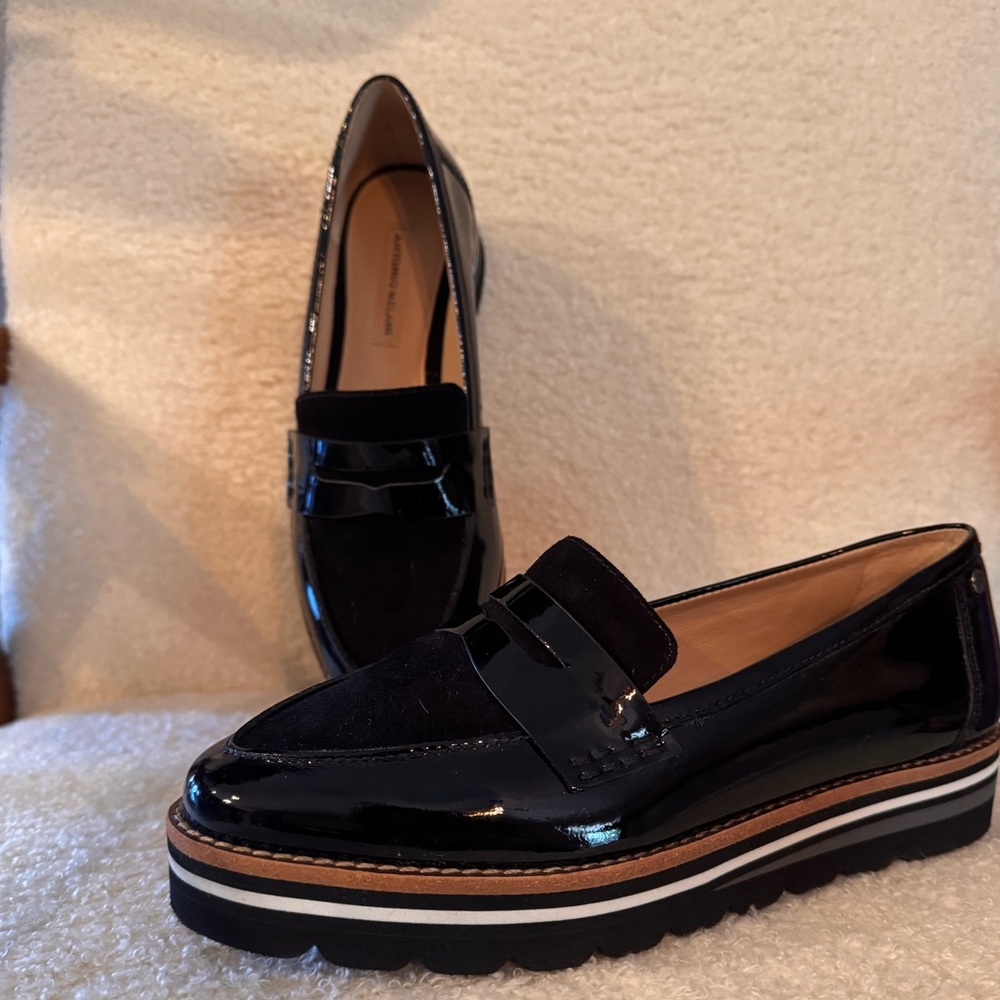 Antonio Melani Bradlie 7 Black Platform Patent / Leather Slip On Loafer Shoes